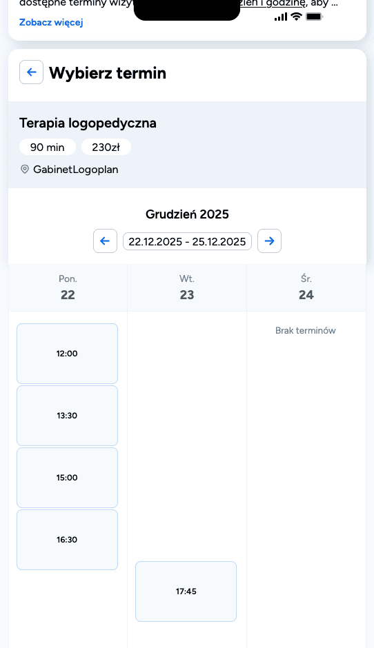 Widok mobilnej rezerwacji wizyty u logopedy – pacjent wybiera termin w kalendarzu online systemu Logoplan