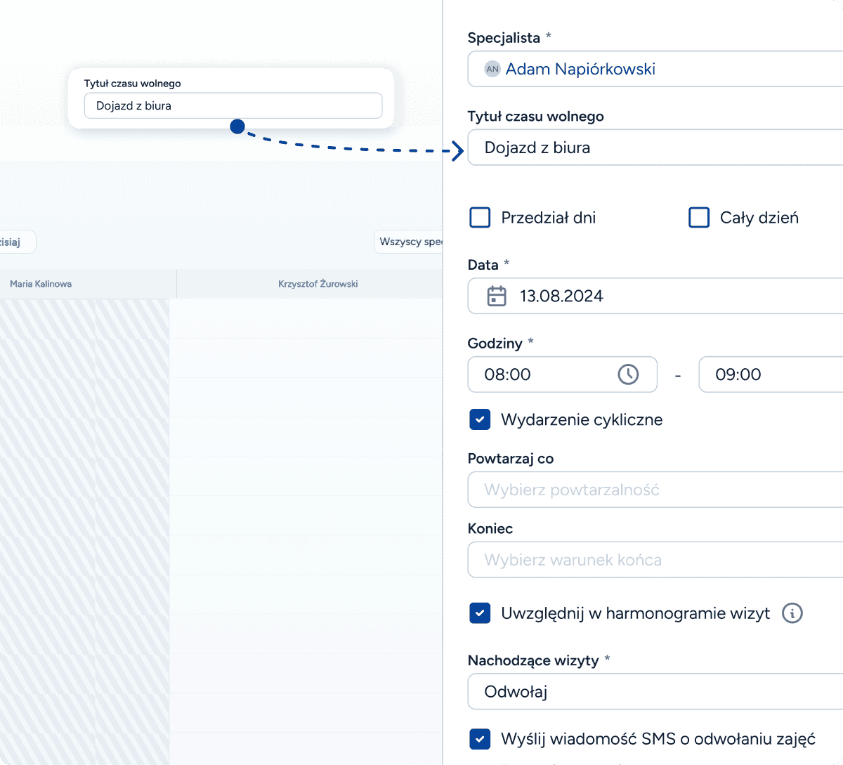 Prywatność w kalendarzu logopedy – porównanie widoku prywatnego zdarzenia terapeuty z widokiem zajętego terminu dla pacjenta w systemie rejestracji