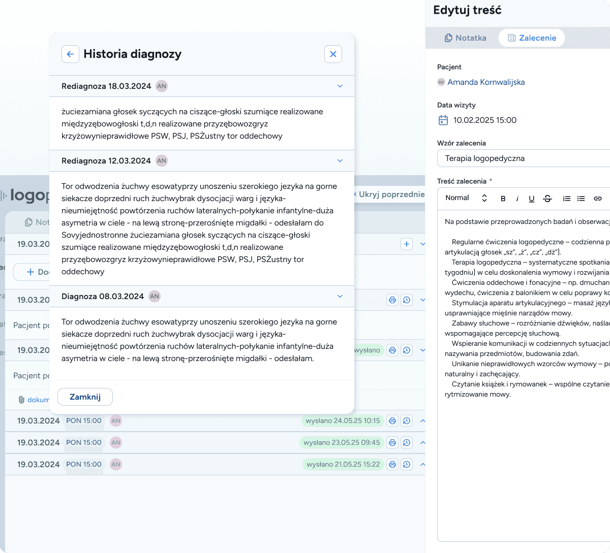 Widok przedstawia wersję diagnozy wraz z rediagnozami, przedstawiając pełną historię zmian. 