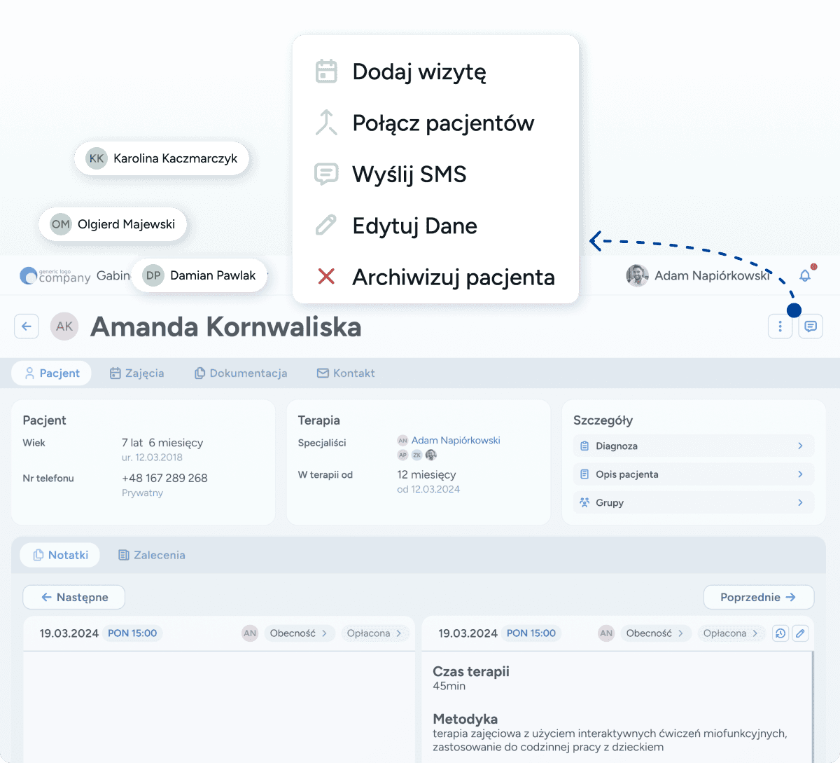 Widok logopedycznej, cyfrowej Karty Pacjenta w systemie Logoplan z przewijaną osią czasu historii terapii i szybkim dostępem do ostatnich notatek.