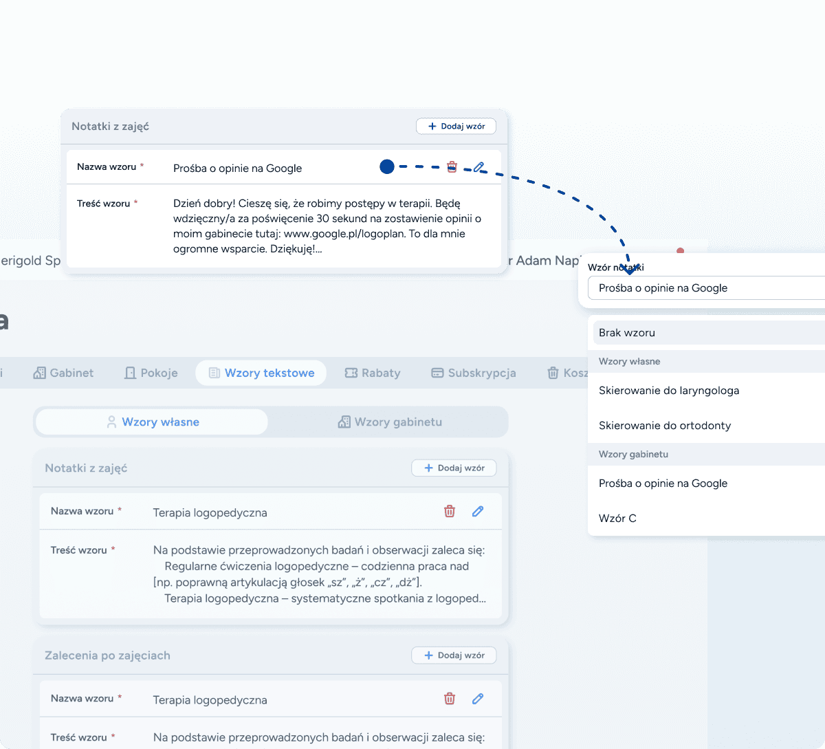 Stopka szablonu zaleceń z automatycznie dodanym linkiem kierującym rodzica do wystawienia opinii o gabinecie logopedycznym w wizytówce Google