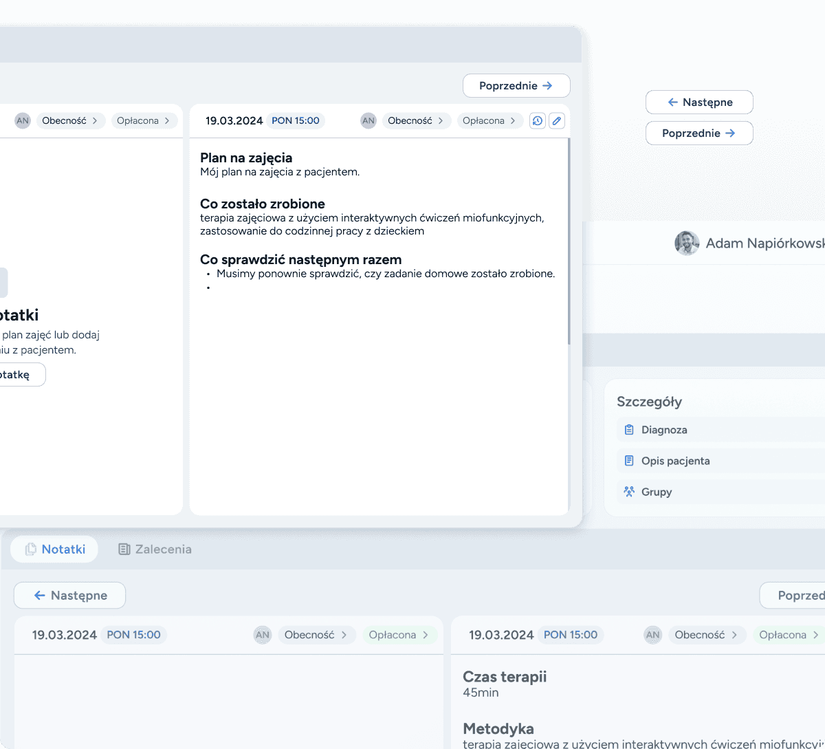 Widok na wiele notatek i zaleceń w Logoplanie, ułatwiający przeglądanie historii wizyt. 