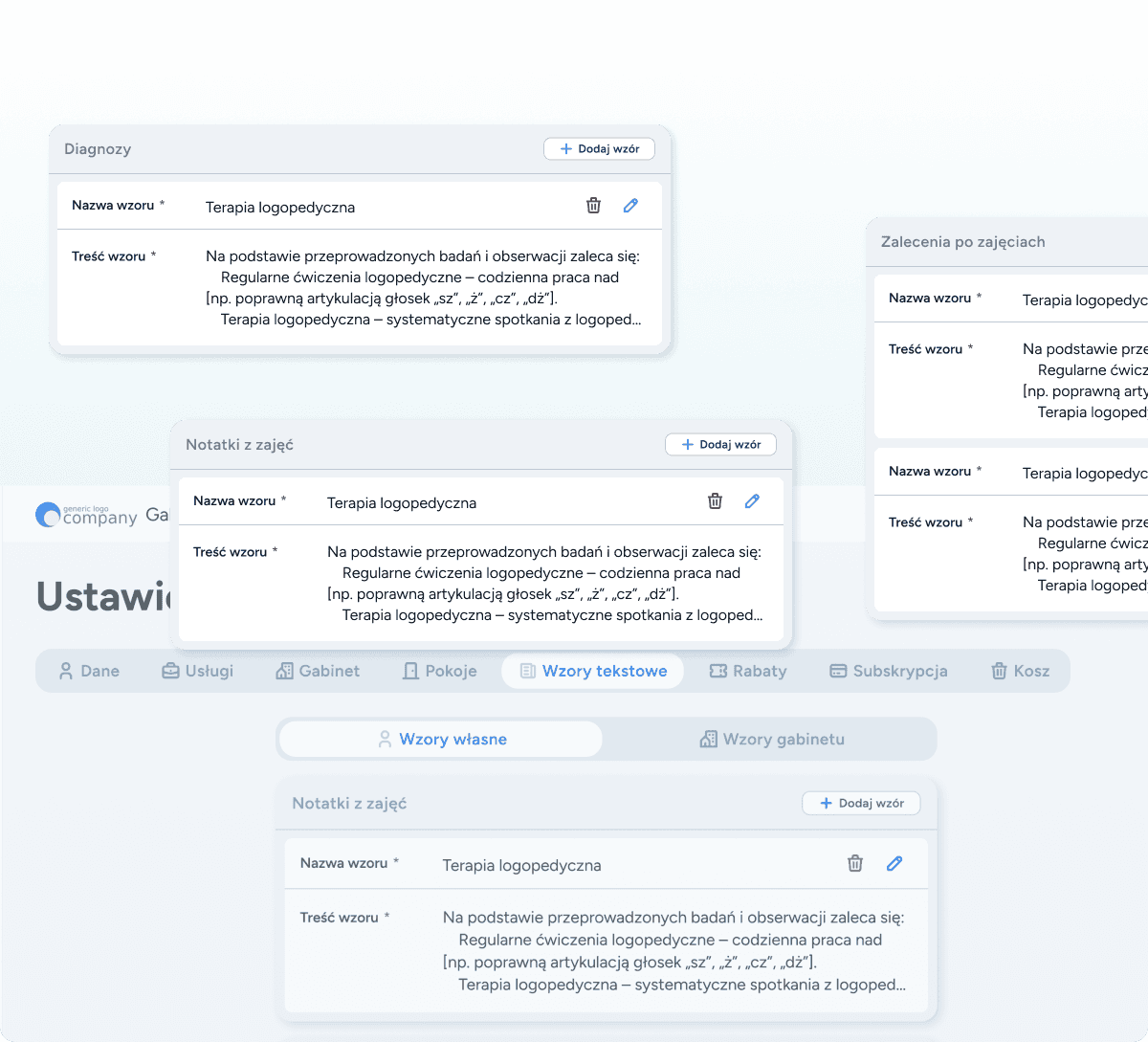 Biblioteka gotowych wzorów dokumentacji logopedycznej w Logoplanie z widoczną opcją dodawania własnych, unikalnych szablonów terapii