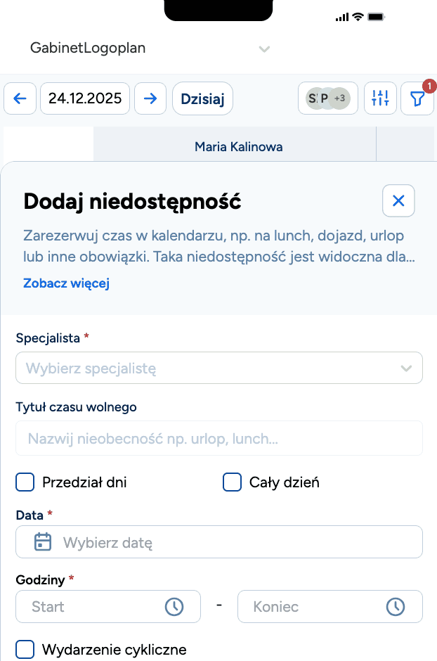 Mobilna aplikacja dla logopedy do sprawdzania grafiku i kontaktu z pacjentem na telefonie