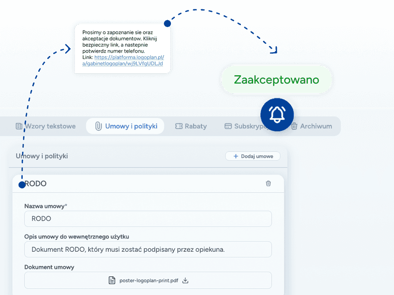 Proces cyfrowego podpisywania zgody RODO: logopeda wysyła link z systemu Logoplan, a pacjent składa podpis palcem na ekranie smartfona