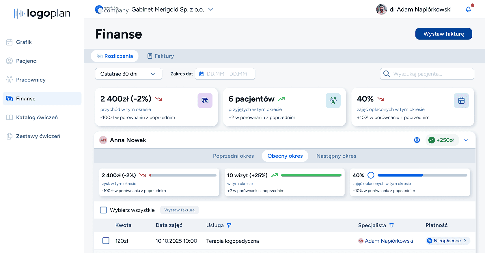 Podsumowania i statystyki finansowe w systemie dla logopedy. Prosto i szybko, zaprojektowane z myślą o wizytach cyklicznych i badaniach przesiewowych. Pozwól sobie pomóc!