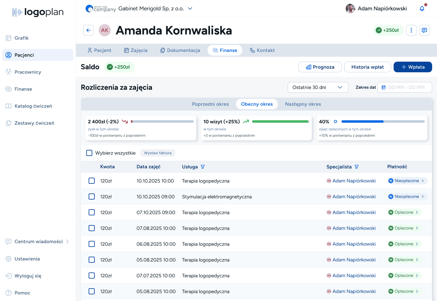 Saldo jest dostępne w zakładce Pacjenta oraz w Finansach w zbiorczym widoku. 