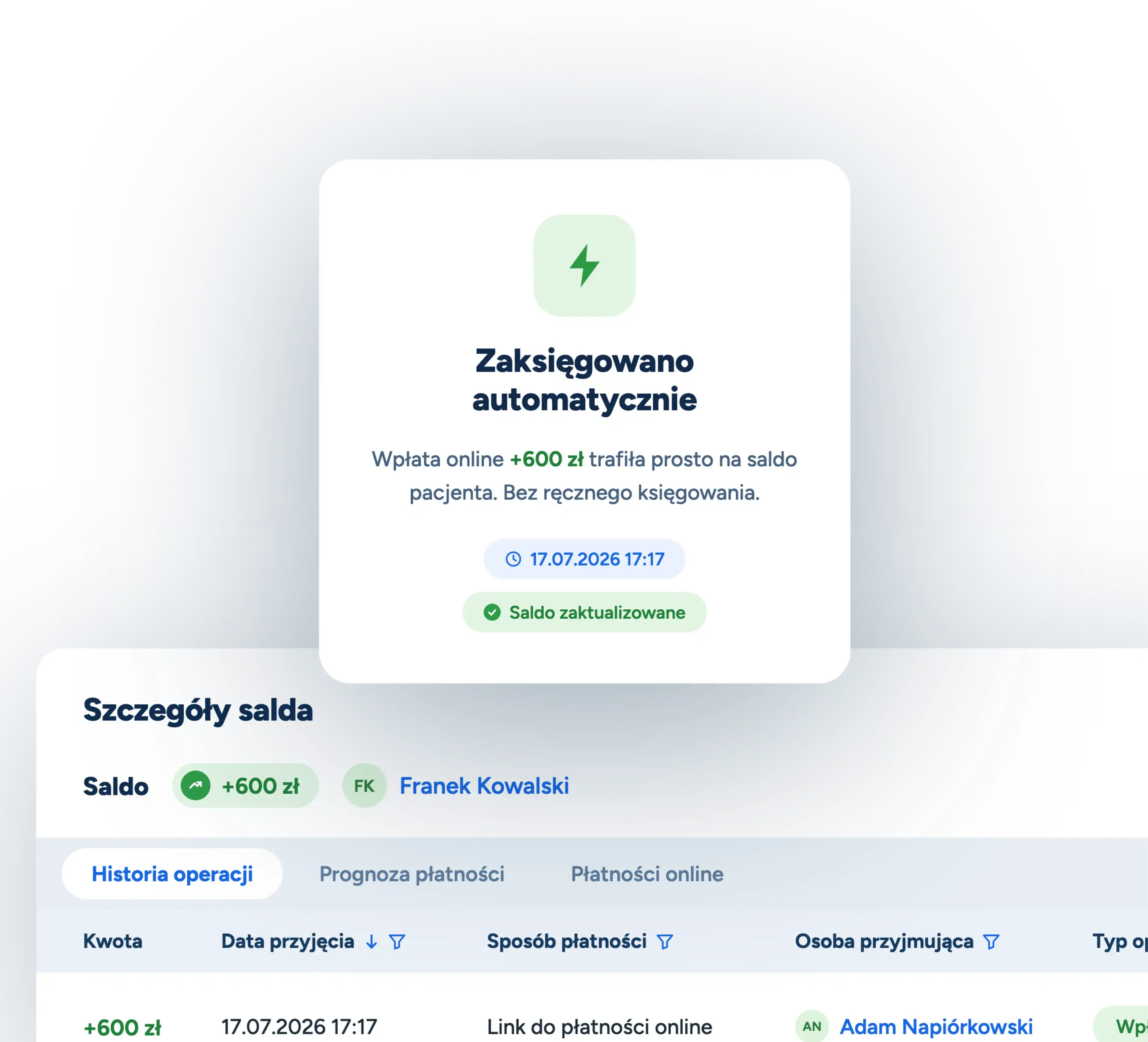 Twoje płatności online od Pacjentów automatycznie księgują się na saldzie w Logoplanie. 