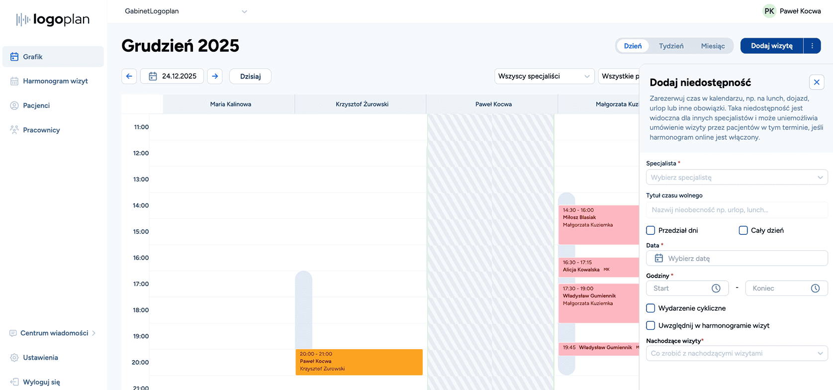 Harmonogram pracy w gabinecie logopedycznym z widoczną funkcją planowania stałych przerw administracyjnych i regeneracyjnych dla zespołu terapeutów.