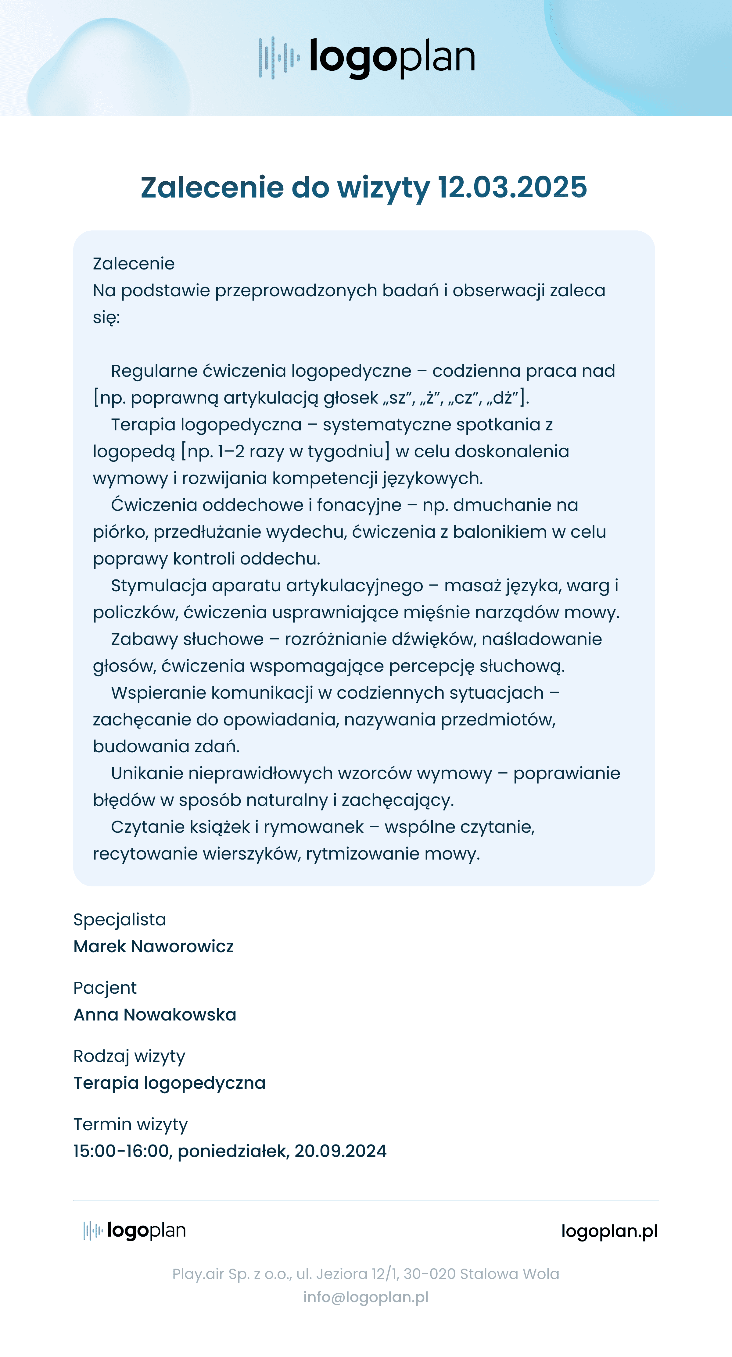 Wysyłanie zaleceń logopedycznych mailem do opiekuna