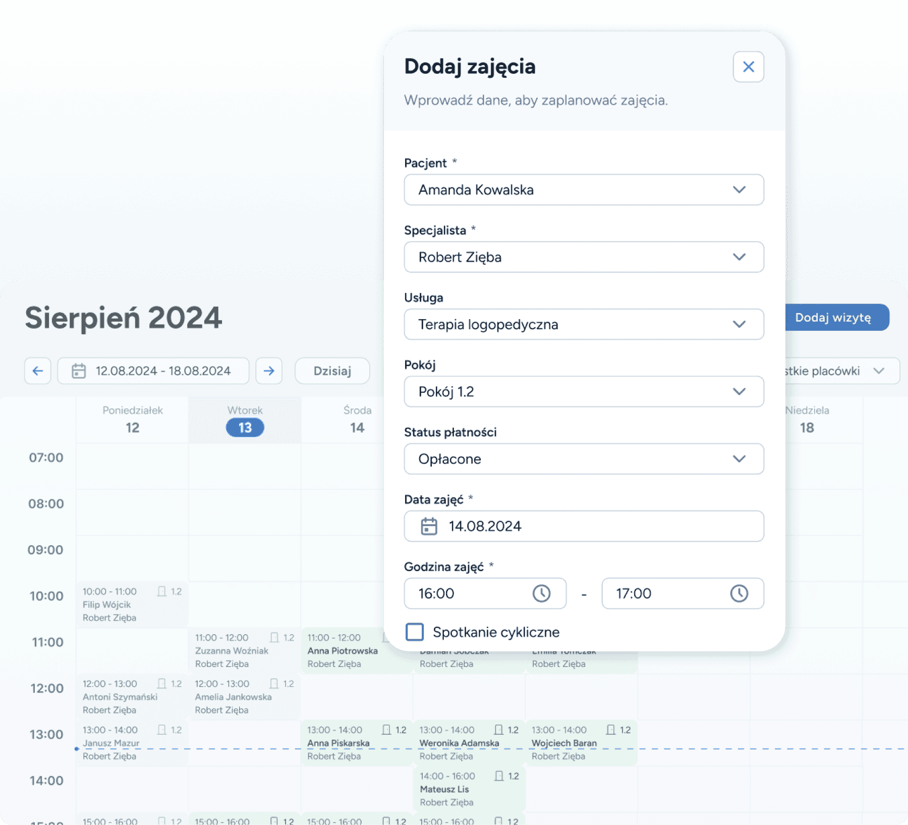 Widok edycji wizyty w Logoplanie, gdzie logopeda wybiera gabinet stacjonarny lub opcję logopeda online, przypisując salę do terapii.