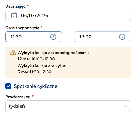 Sprawdzanie kolizji z istniejącymi wizytami w celu uniknięcia podwójnych rezerwacji.
