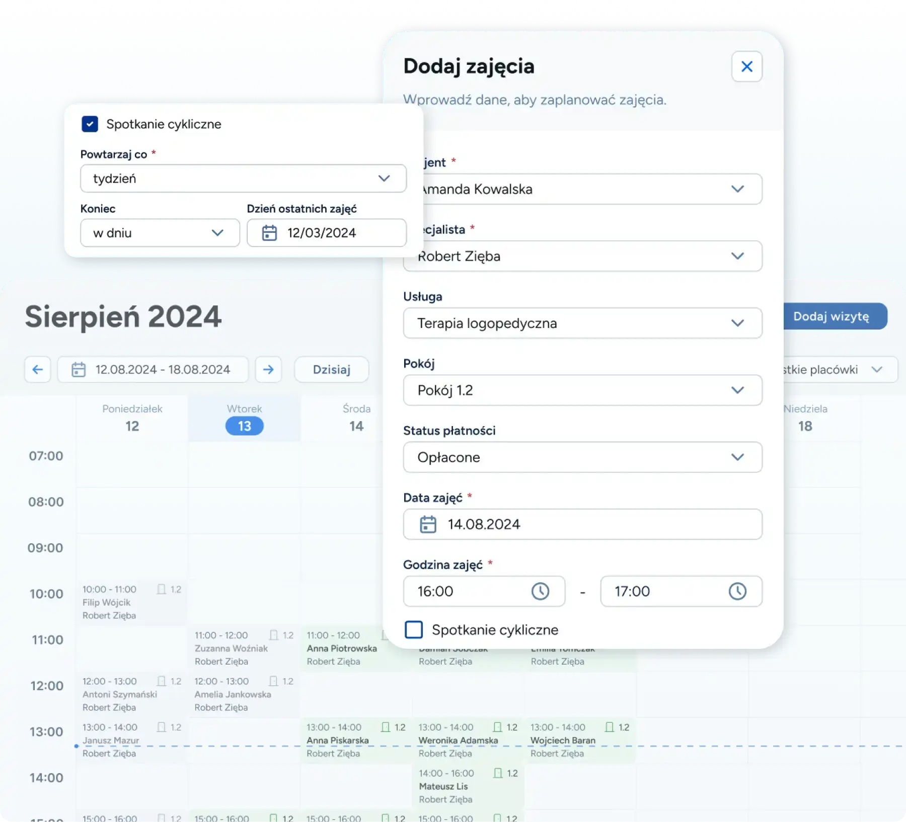 Widok elektronicznej Karty Pacjenta w systemie Logoplan z przewijaną osią czasu historii terapii i szybkim dostępem do ostatnich notatek