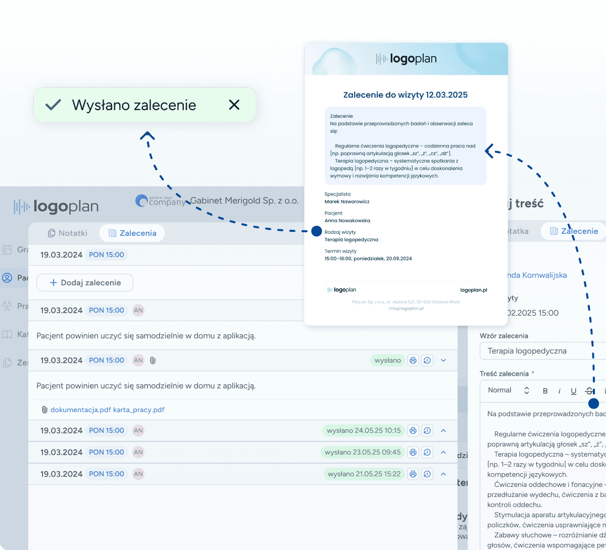 Logopeda w systemie Logoplan wybiera plik PDF z ćwiczeniami i wysyła go jako zalecenie online bezpośrednio na adres e-mail pacjenta