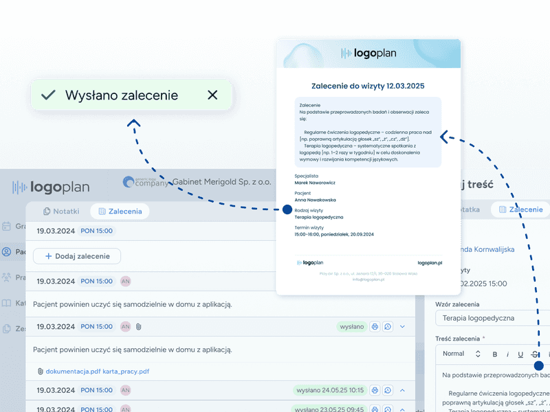 Logopeda w systemie Logoplan wybiera plik PDF z ćwiczeniami i wysyła go jako zalecenie online bezpośrednio na adres e-mail pacjenta