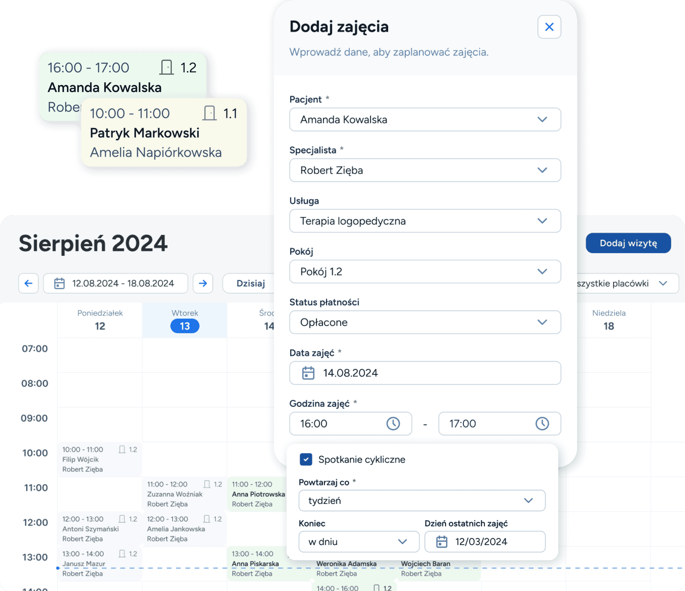 Intuicyjny grafik dla logopedy w Logoplan z widokiem wizyt i dostępności gabinetu