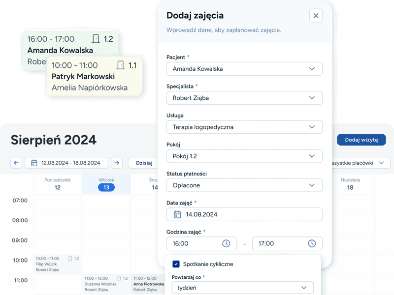 Intuicyjny grafik dla logopedy w Logoplan z widokiem wizyt i dostępności gabinetu