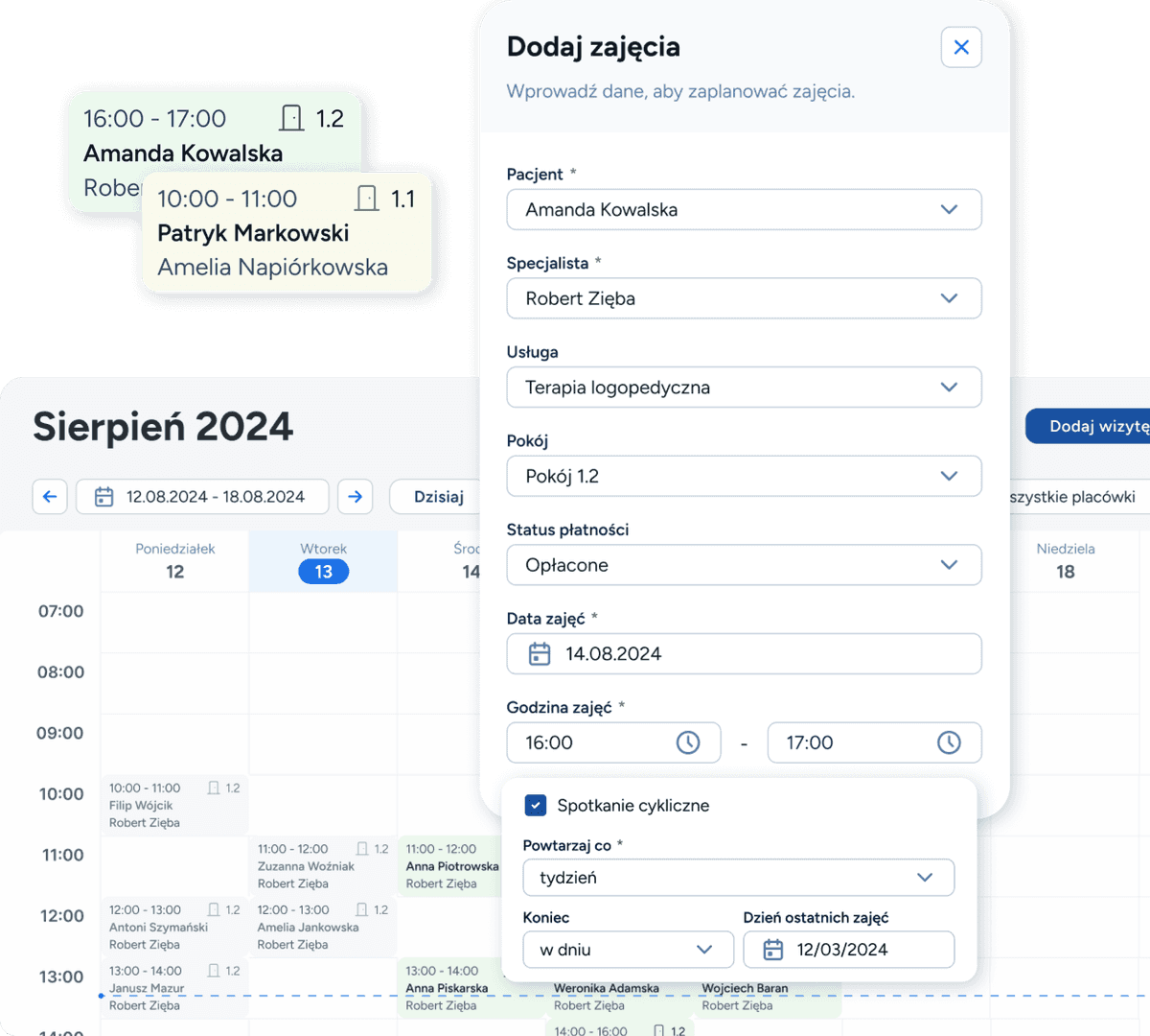 Intuicyjny grafik dla logopedy w Logoplan z widokiem wizyt i dostępności gabinetu