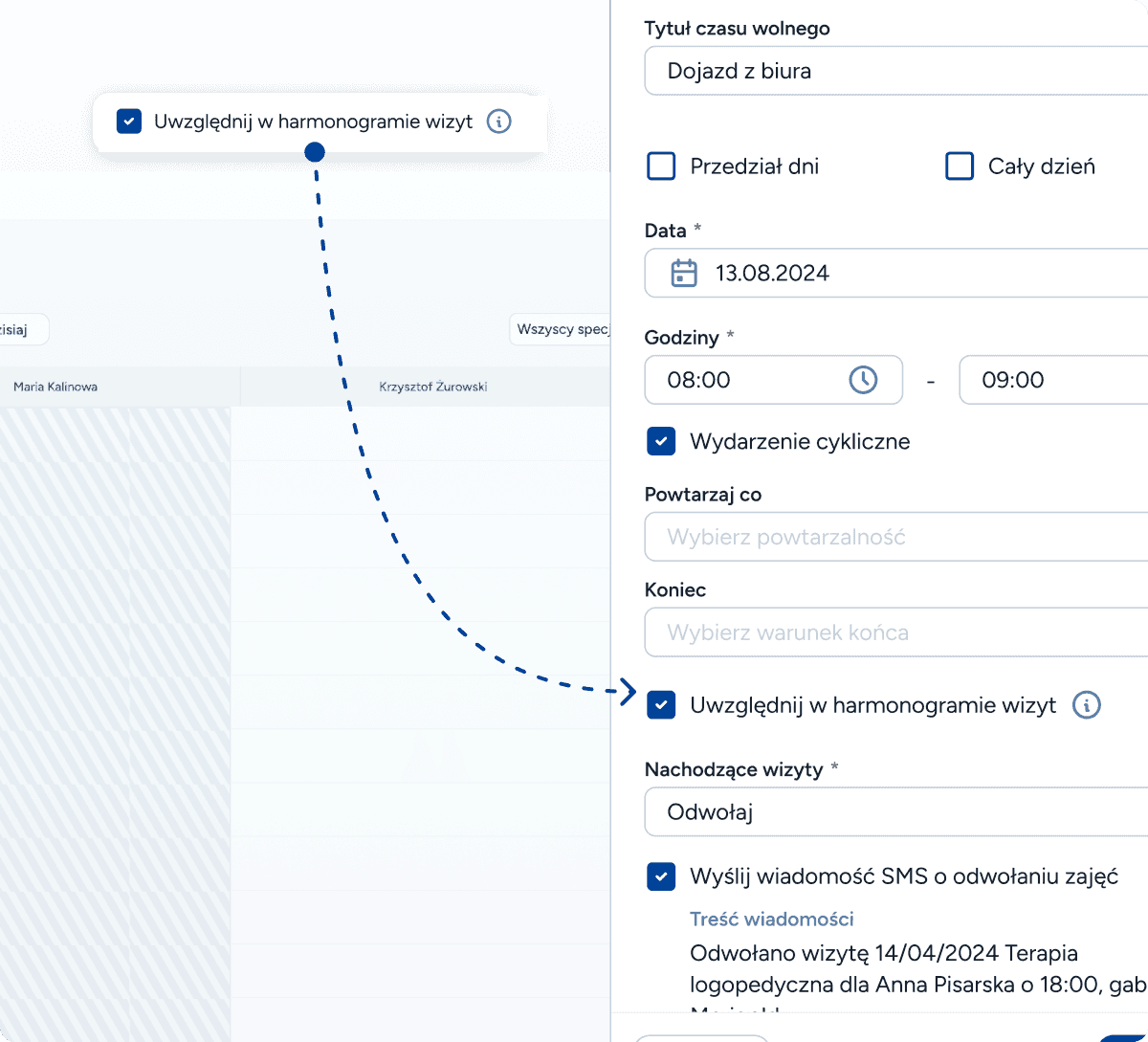 Ustawienia blokady terminu w systemie rezerwacji online Logoplan pozwalające wolne terminy przed pacjentami, zostawiając ten czas dla Ciebie!