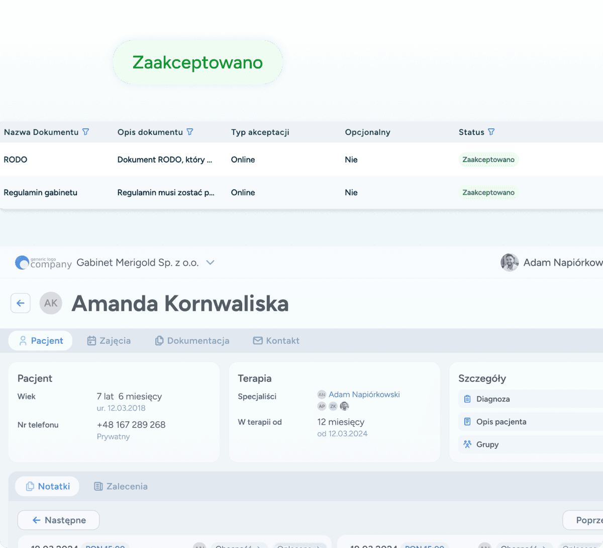 Wszystkie zgody i dokumenty w jednym miejscu w karcie pacjenta logopedycznego zawierające statusy zgód RODO, regulaminów i innych zgód w jednym widoku. 