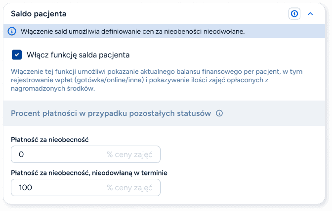 Ustawienia pozwalające ustawić jaki procent ceny będzie uwzględniony w saldzie, w zależności od statusu. 