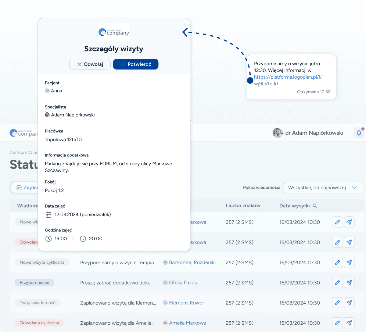Interaktywne powiadomienia SMS dla rodziców pacjentów logopedy – widok funkcji potwierdzania wizyt przez link oraz blokada odwołań online w Logoplan.
