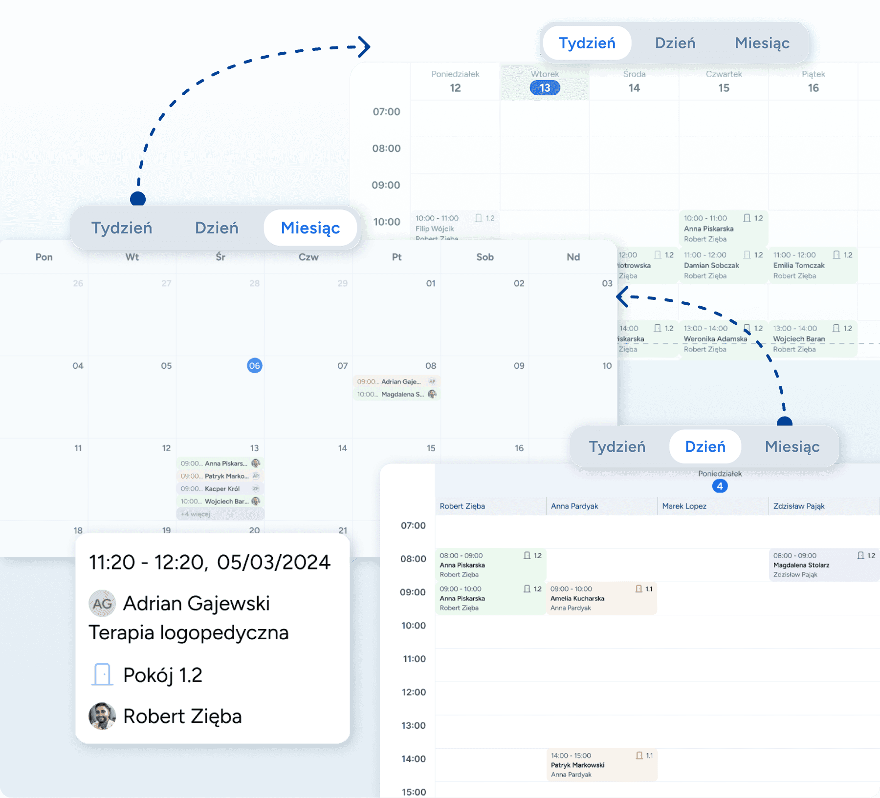 Przejrzysty podgląd kalendarza logopedy w widoku dziennym i miesięcznym