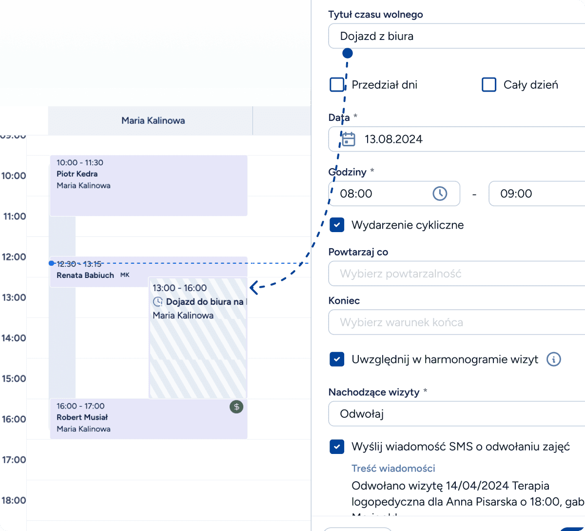 Widok planowania przerw obiadowych i administracyjnych w grafiku zespołu logopedów w Logoplan