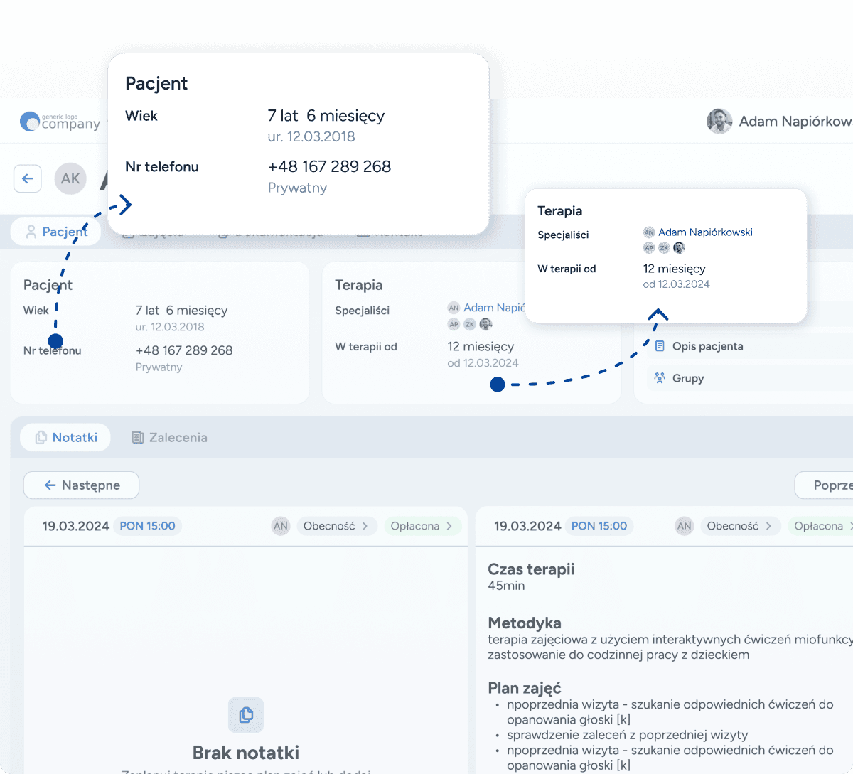 Widok elektronicznej Karty Pacjenta w systemie Logoplan z przewijaną osią czasu historii terapii i szybkim dostępem do ostatnich notatek