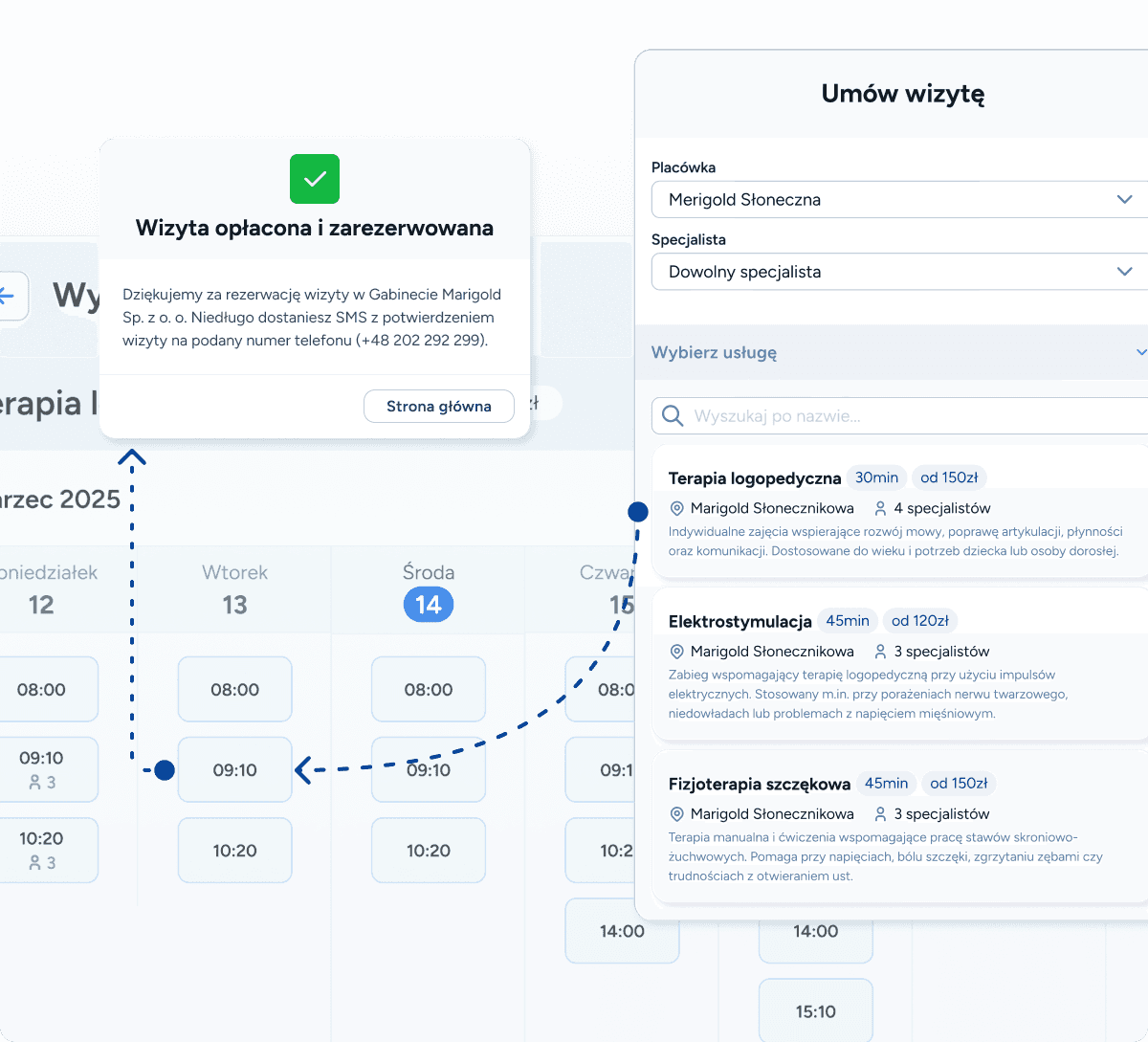 Widok formularza rezerwacji wizyty logopedycznej u pacjenta oraz automatyczne pojawienie się nowego terminu w grafiku logopedy w systemie Logoplan