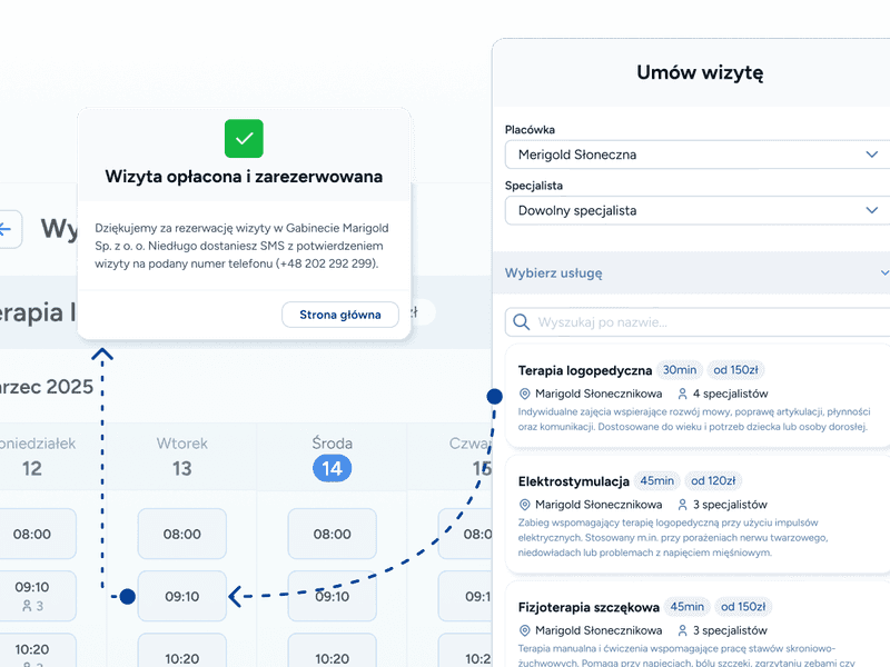 Widok formularza rezerwacji wizyty logopedycznej u pacjenta oraz automatyczne pojawienie się nowego terminu w grafiku logopedy w systemie Logoplan