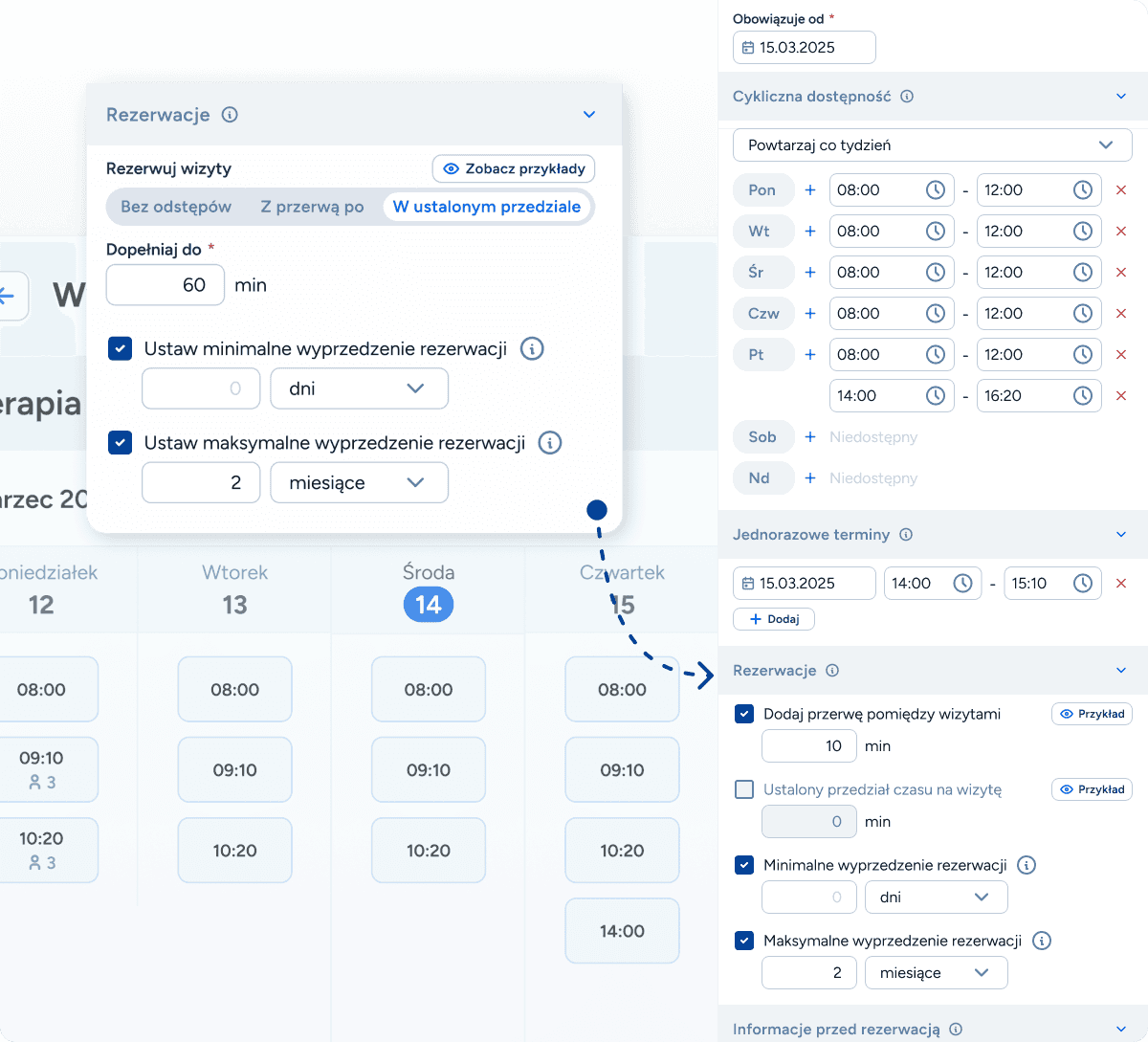 Konfiguracja automatycznych przerw technicznych po wizycie w grafiku logopedy, zapobiegająca zapisom pacjentów bez odstępu czasowego.