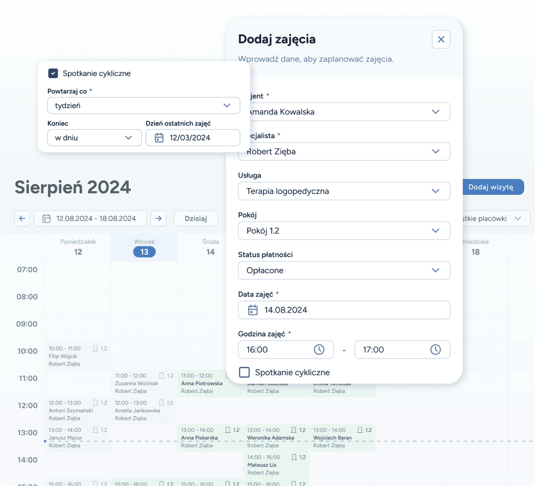 Planowanie serii wizyt logopedycznych i terapii cyklicznych w kalendarzu online