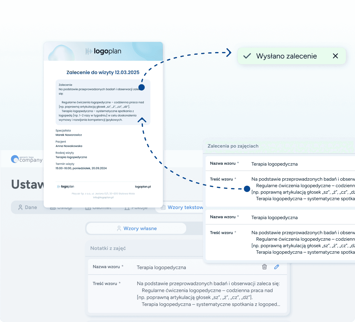 Szablon zaleceń dla pacjenta zawierający gotową listę ćwiczeń logopedycznych do wykonania w domu, przygotowany do wysyłki jednym kliknięciem