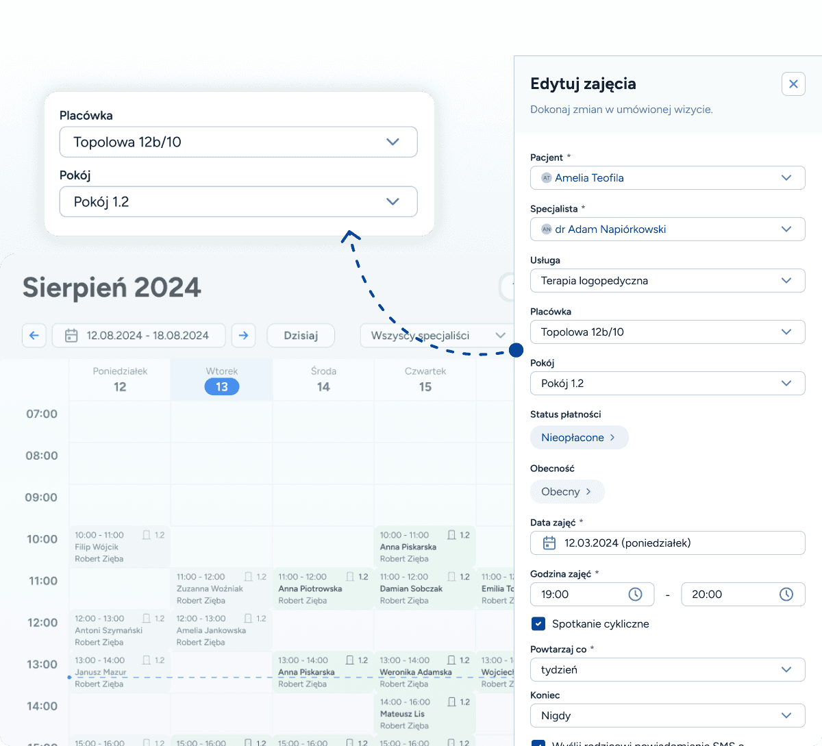 Widok kalendarza logopedy z wyborem specjalistycznego pokoju do terapii SI lub diagnozy, zapobiegający podwójnym rezerwacjom.