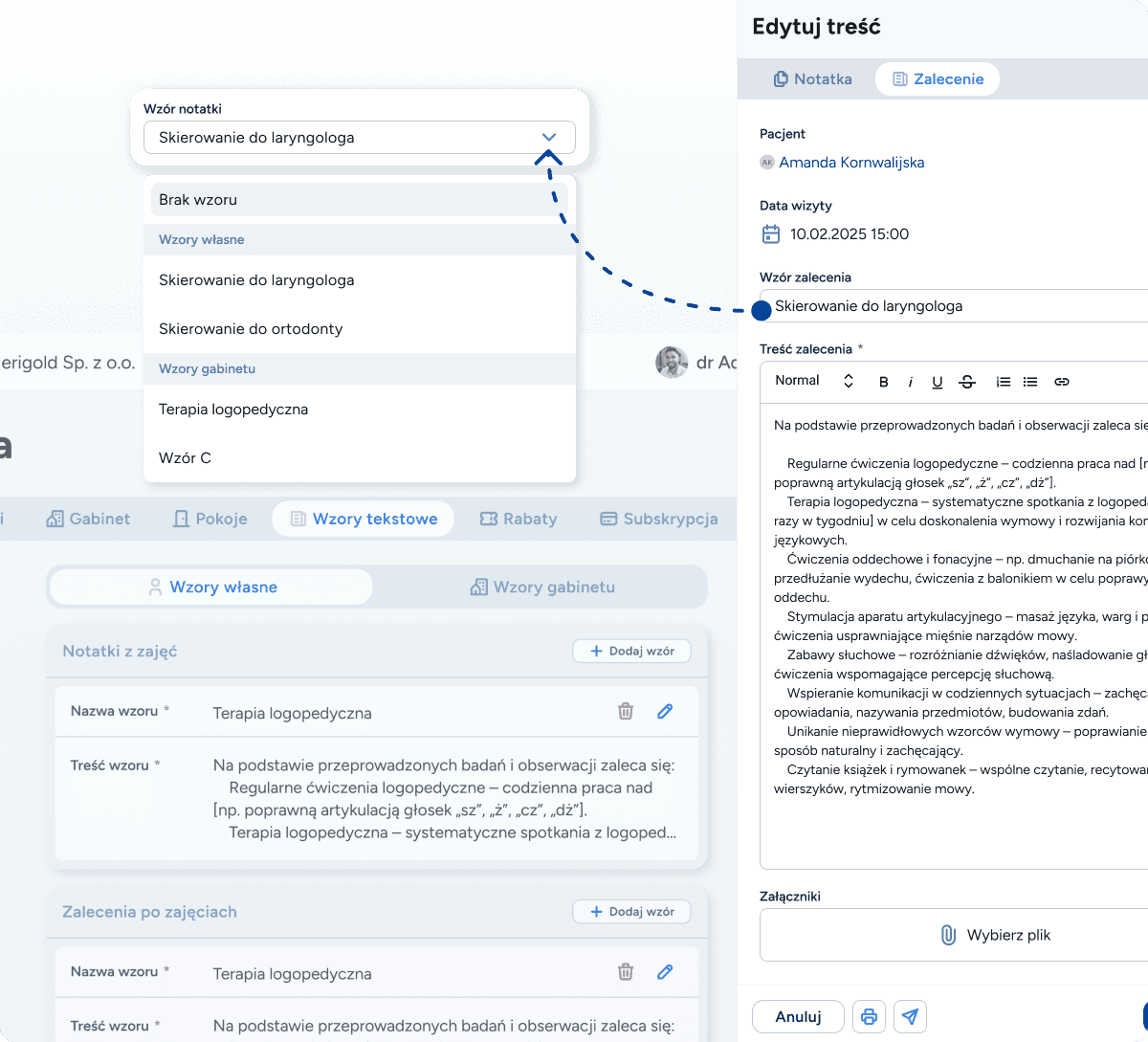 Generowanie skierowania do innego specjalisty (np. laryngologa lub ortodonty) przy użyciu gotowego wzoru dokumentu w systemie Logoplan.