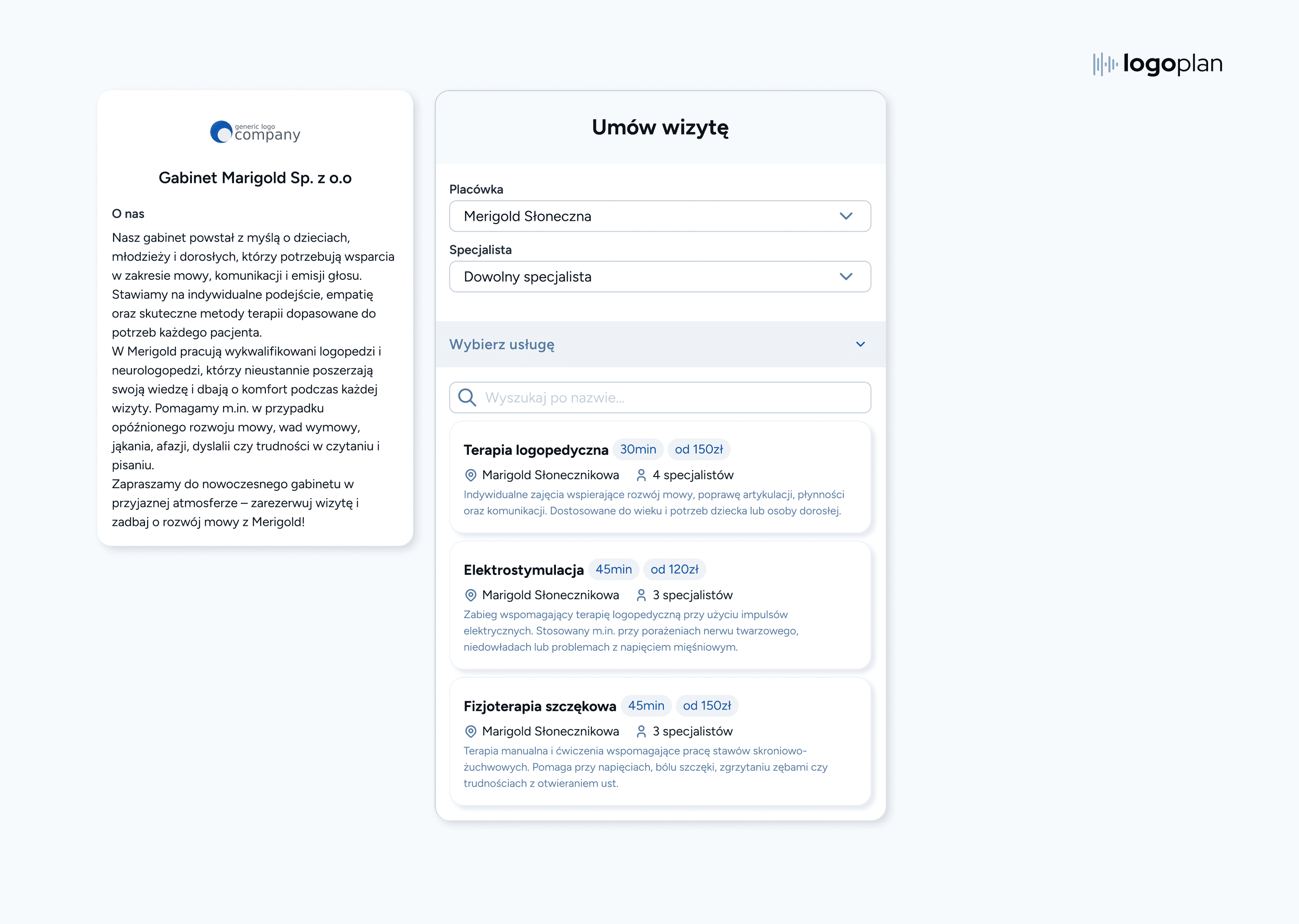 Lista usług logopedycznych w panelu rezerwacji online