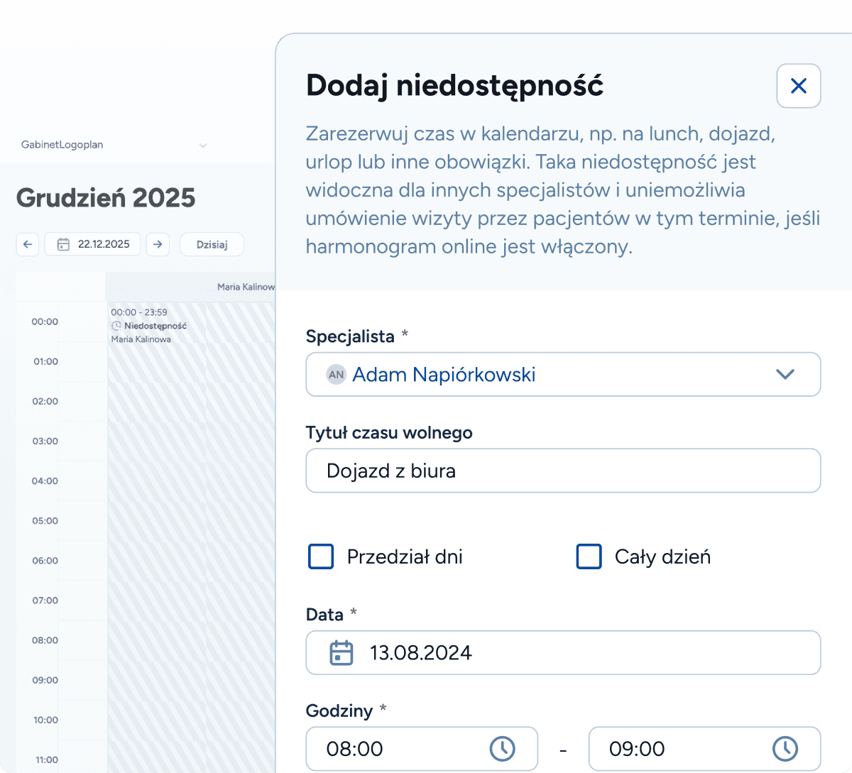 Intuicyjny grafik dla logopedy w Logoplan z widokiem wizyt i dostępności gabinetu
