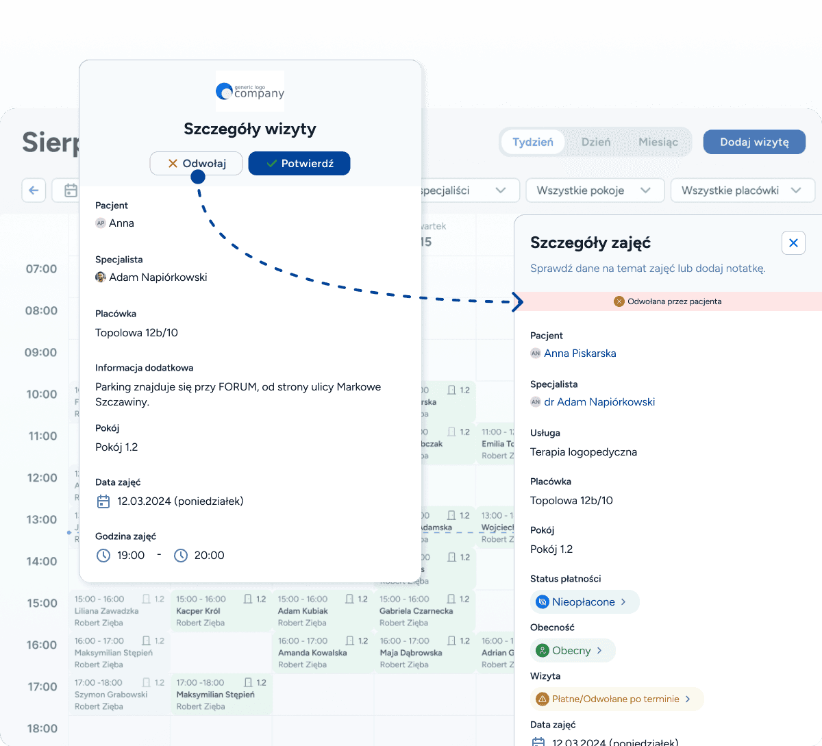 Twój grafik logopedy, jest automatycznie aktualizowany, aby poinformować Cię najszybciej jak to możliwe o reakcji Twojego pacjenta. 