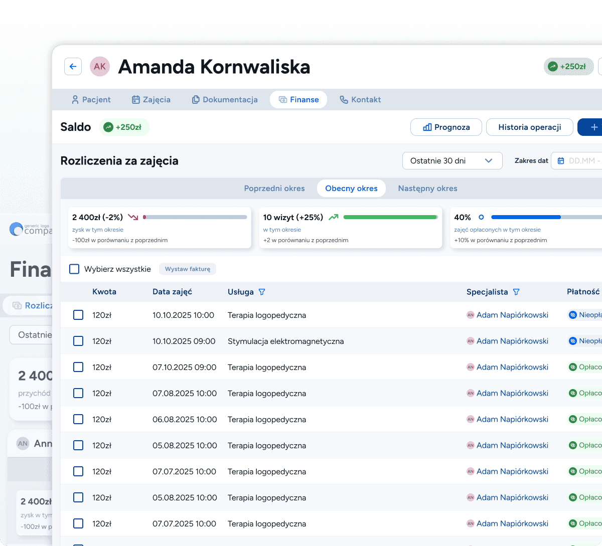 Saldo jest dostępne w zakładce Pacjenta oraz w Finansach w zbiorczym widoku. 