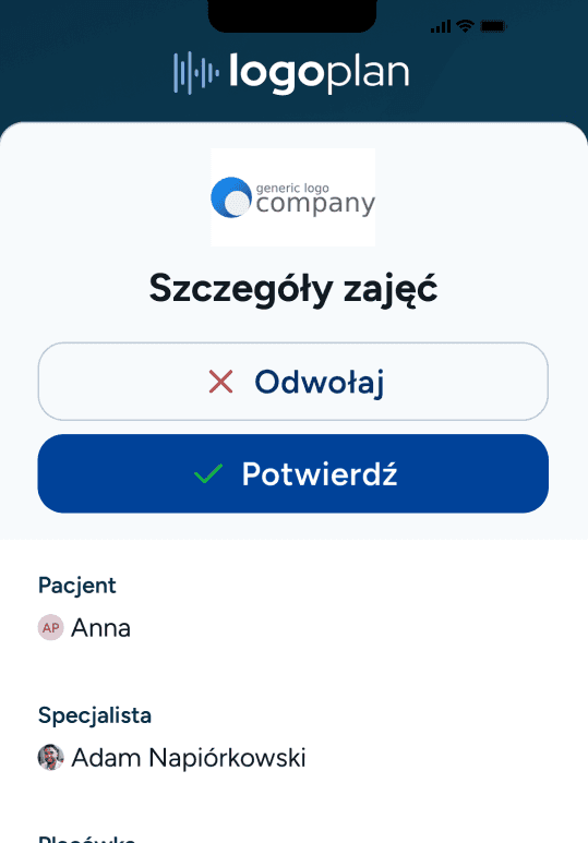 Powiadomienie SMS wyslane do pacjenta z interaktywnym linkiem do potwierdzenia lub owdołania wizyty