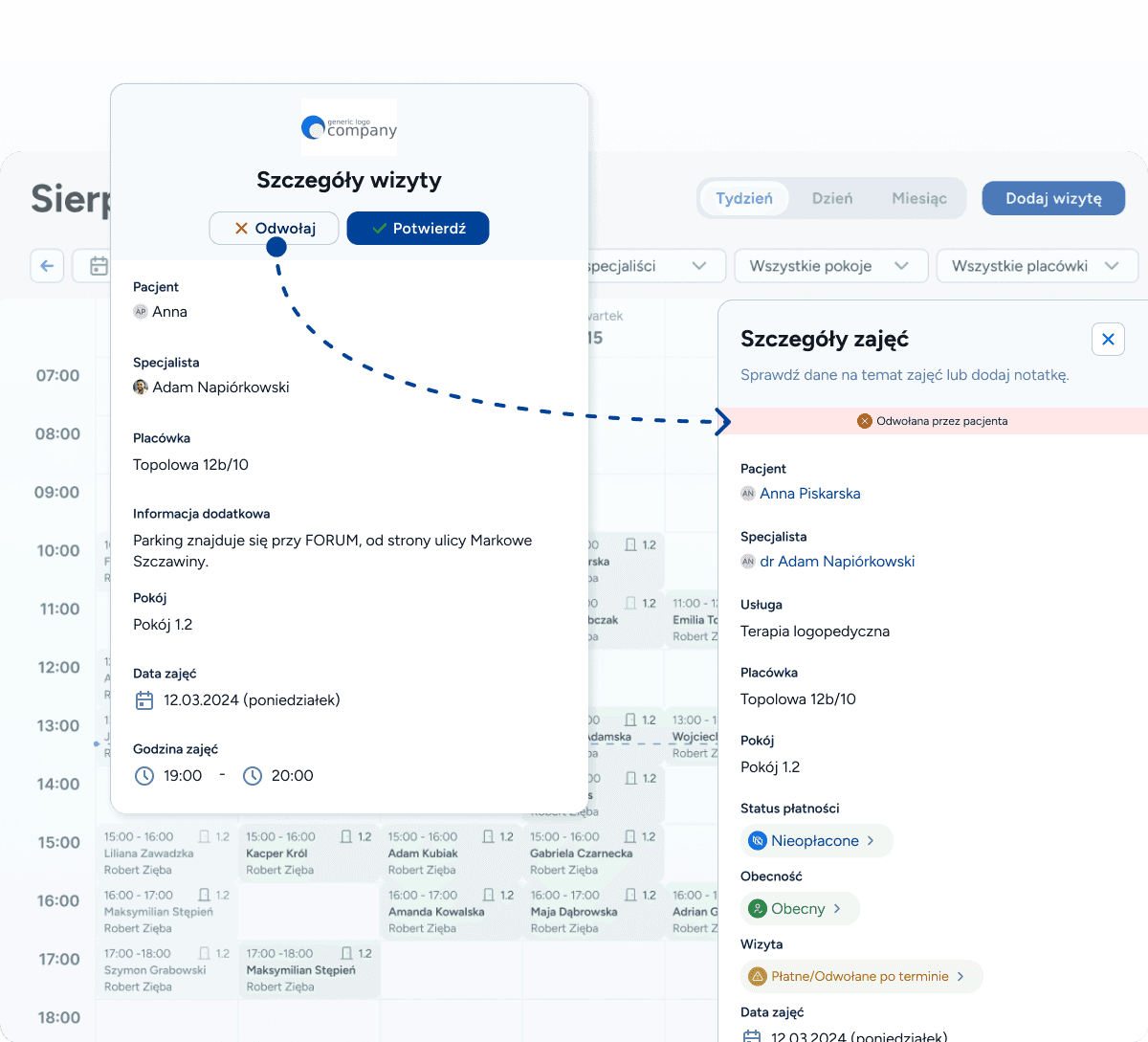 Status potwierdzenia wizyty lub odwołania wizyty jest natychmiast widoczny w Twoim kalendarzu dla logopedy!