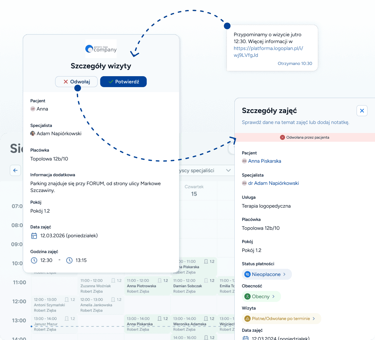 Potwierdzanie i odwoływanie wizyt logopedycznych w wiadomości z przypomnieniem - gabinet logopedyczny.