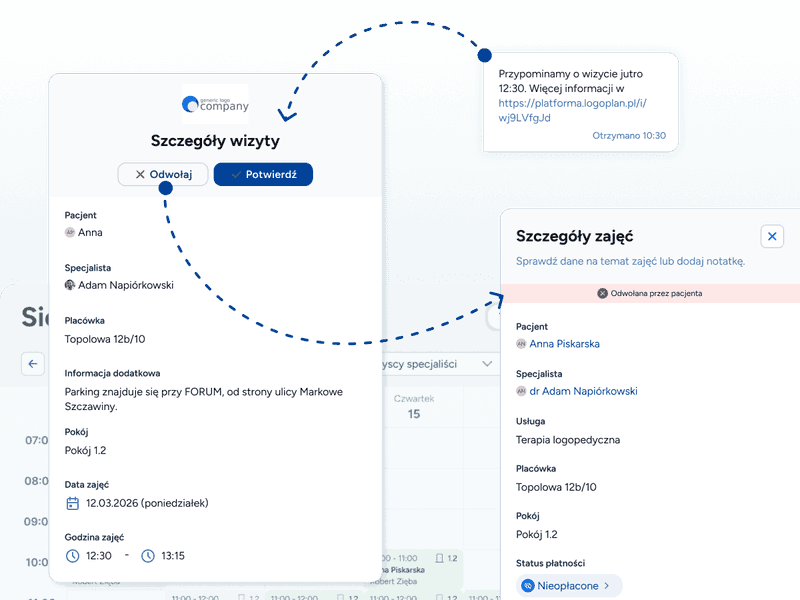 Potwierdzanie i odwoływanie wizyt logopedycznych w wiadomości z przypomnieniem - gabinet logopedyczny.
