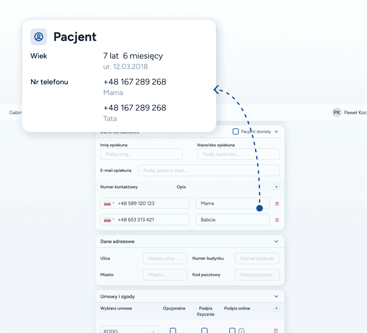 Rozbudowana sekcja kontaktowa w karcie pacjenta umożliwiająca dodanie numerów telefonu do wielu opiekunów dziecka (mamy, taty, babci)