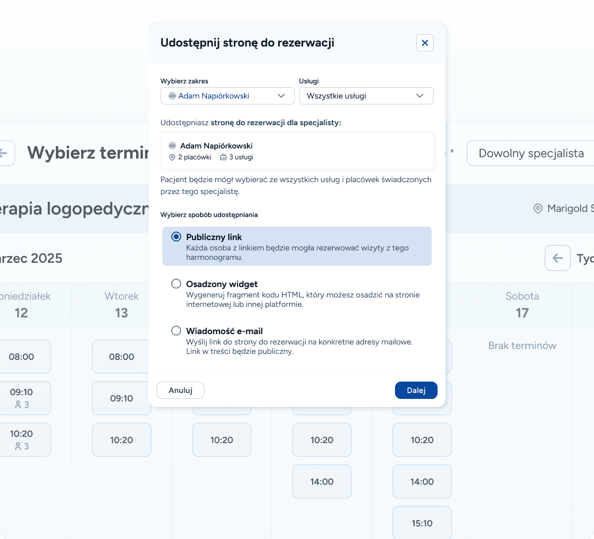 Lista usług logopedycznych w systemie z opcją wyboru, które terapie są widoczne w rejestracji online, a które ukryte dla pacjentów