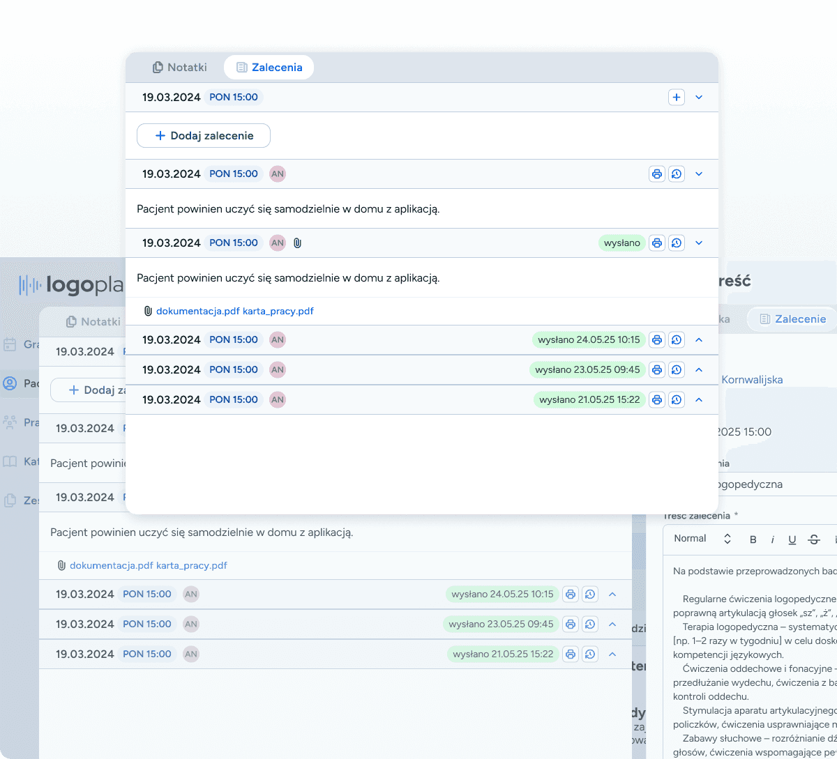Cyfrowa karta pacjenta logopedycznego w systemie dla logopedów – widok historii komunikacji, wysłane zalecenia online. System dla logopedów z historią zaleceń i notatek.