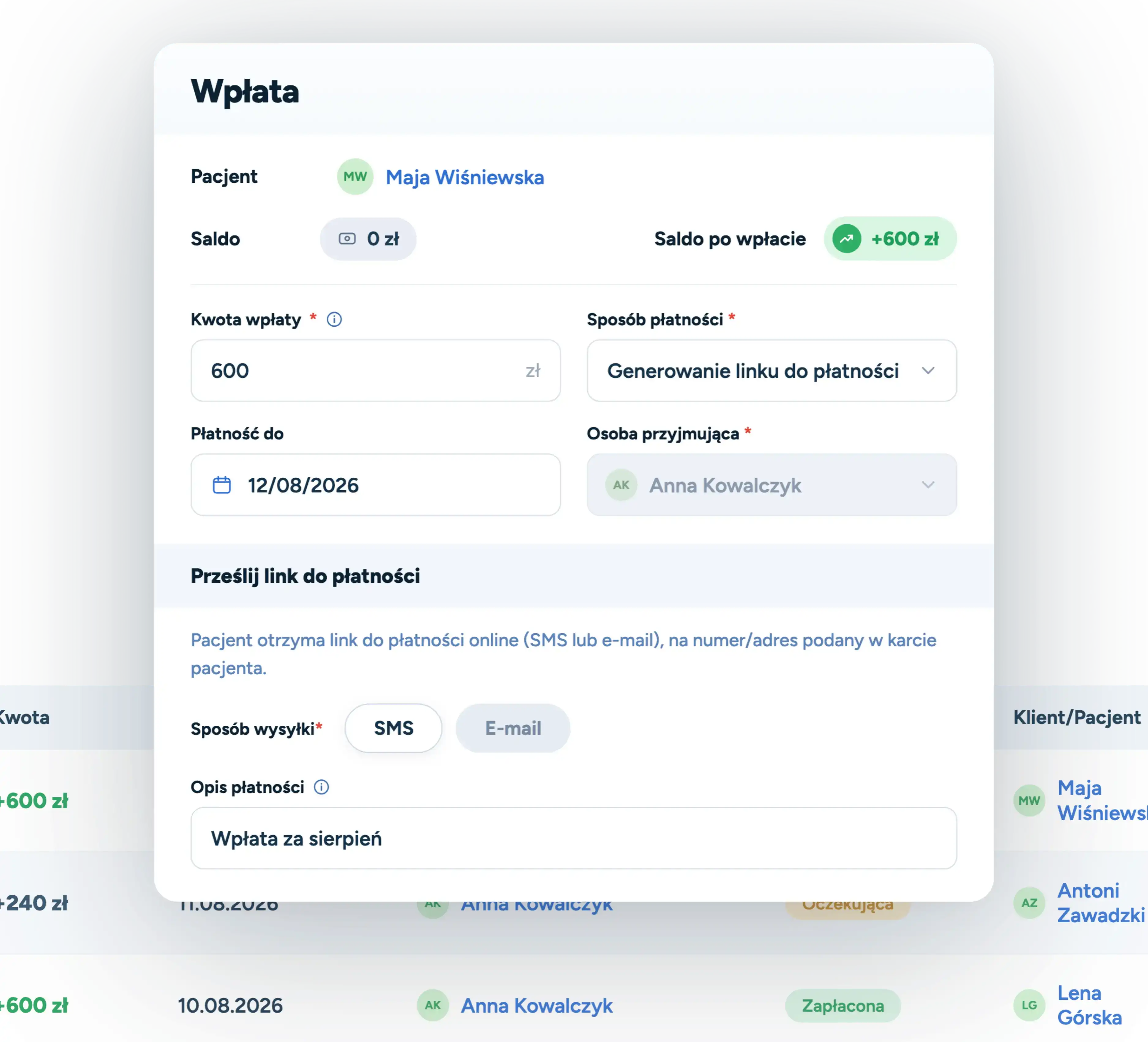 Wybierz jaką kwotę ma zapłącić Ci pacjent, za cały miesiąc z dołu lub z góry - płatności z góry lub z dołu w Logoplanie.