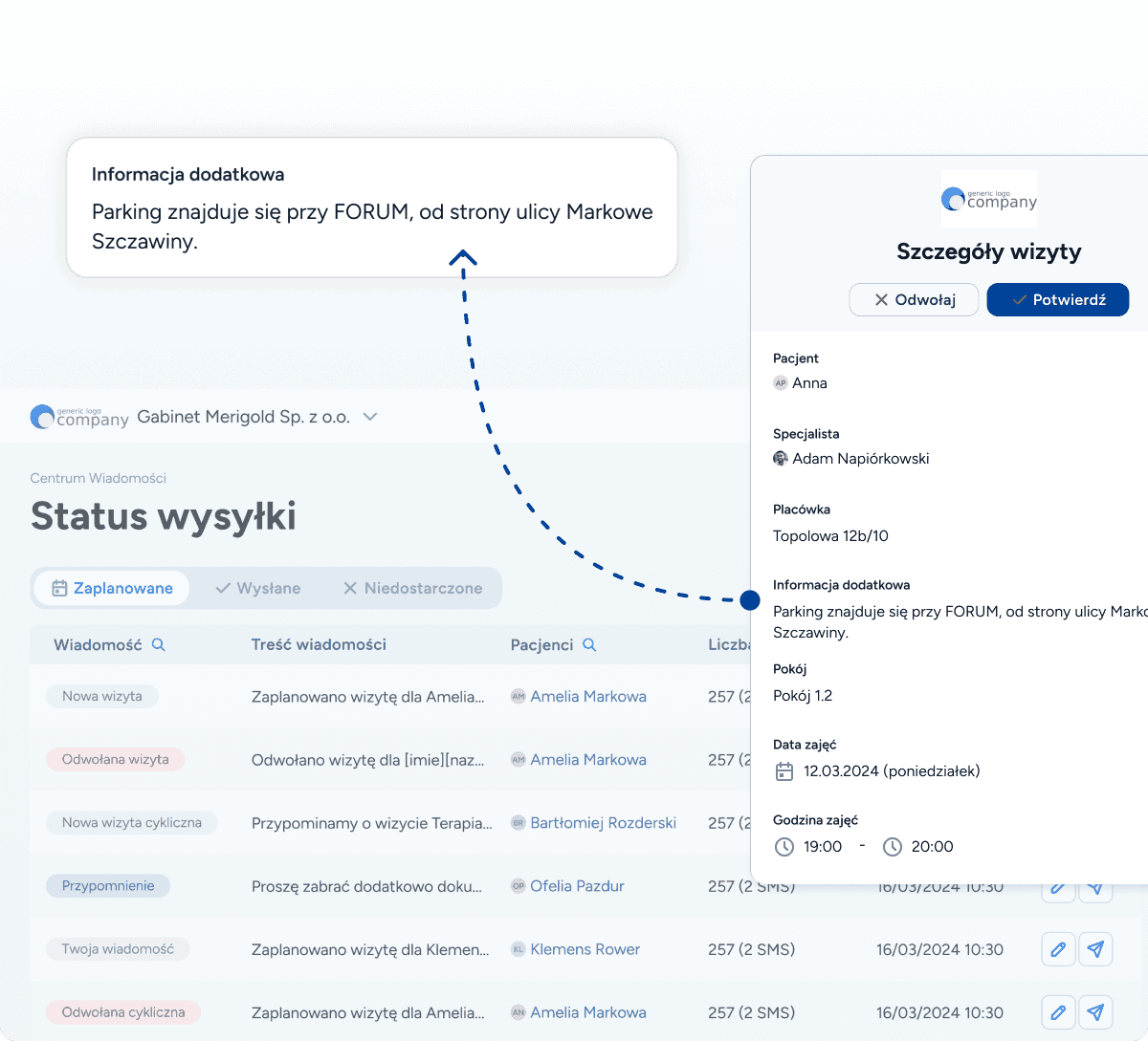 Dodatkowa informacja którą możesz przesłać do swoich pacjentów w linku, prosto w przypomnieniu o wizycie logopedycznej