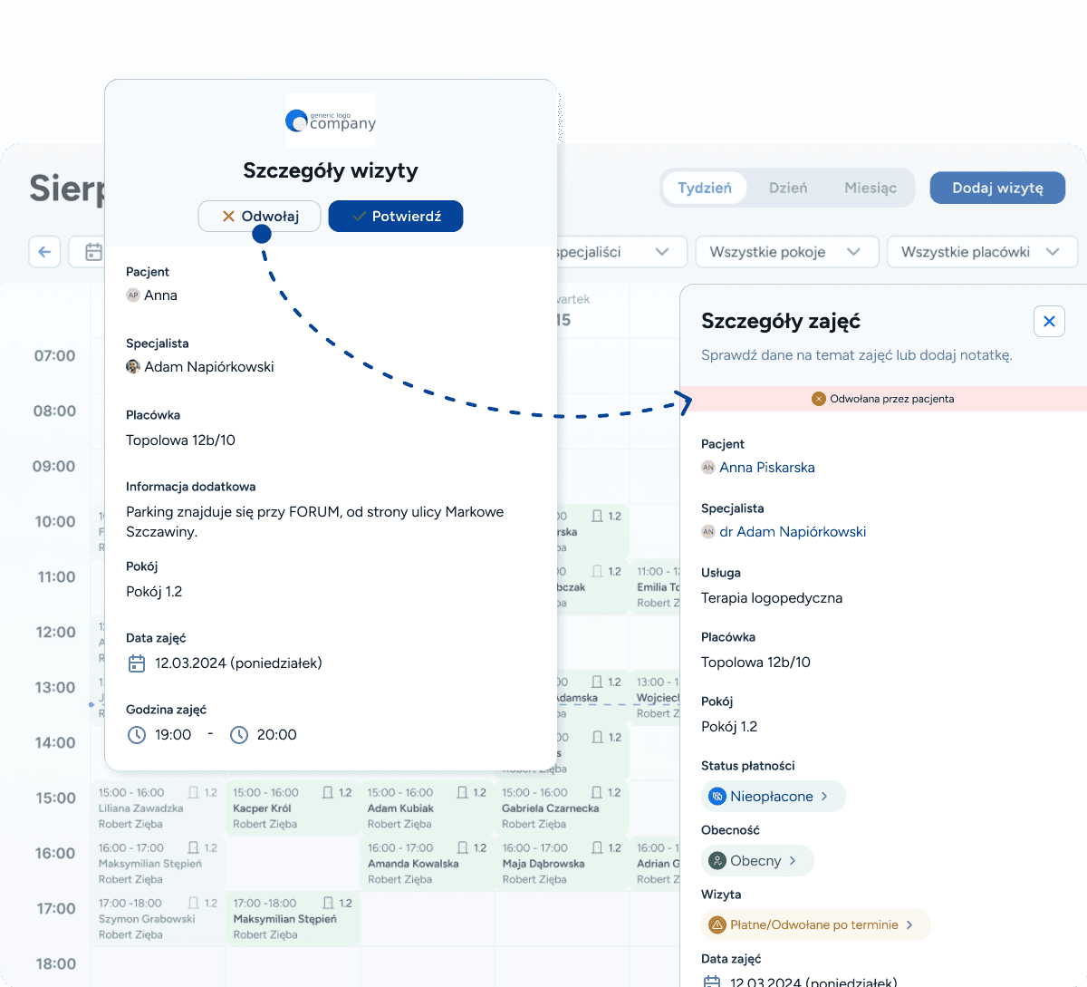 Status potwierdzenia wizyty lub odwołania wizyty jest natychmiast widoczny w Twoim kalendarzu dla logopedy!